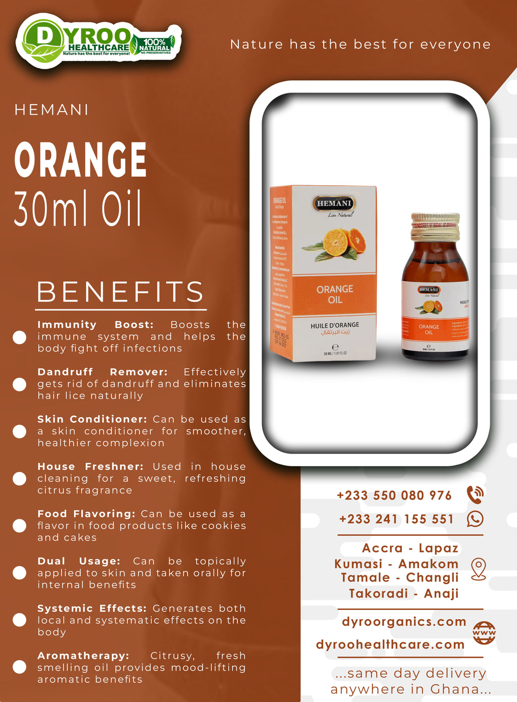 Hemani Orange Oil 30ml bottle by Dyroo Naturals, showcasing a natural citrus oil with an orange-colored label.