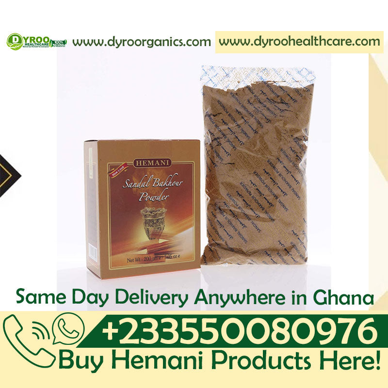 Organic Hemani Sandalwood Powder by Dyroo Naturals in a 200g package, shown in a clear container with fine, light-colored powder.