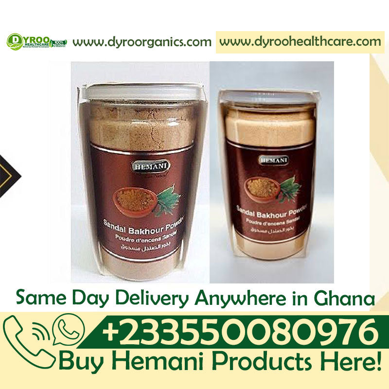 Organic Hemani Sandalwood Powder 200g from Dyroo Naturals, showing a clear image of the powder in a container.