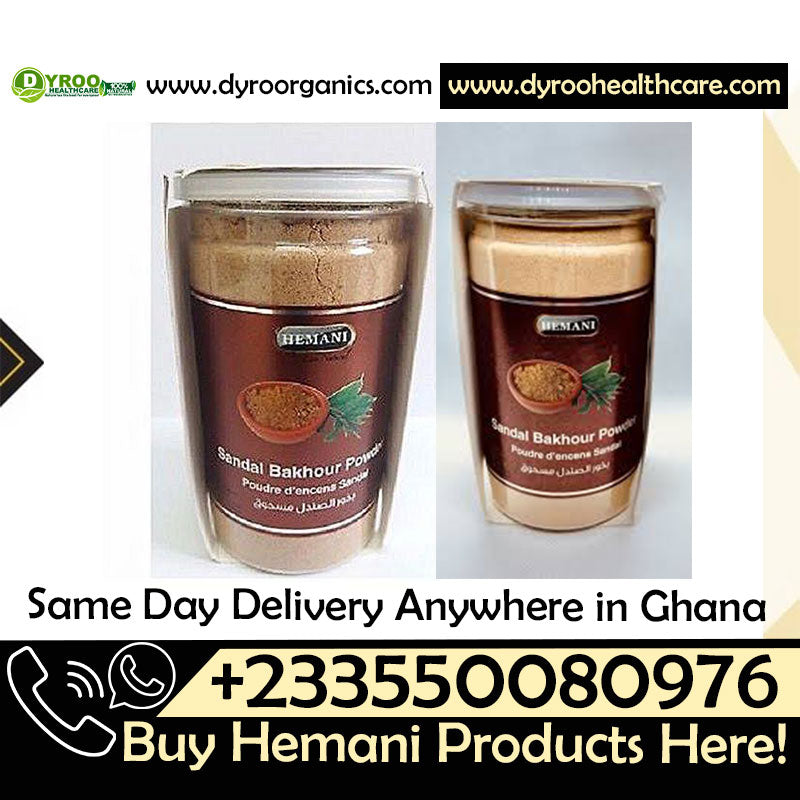 Organic Hemani Sandalwood Powder by Dyroo Naturals in a 200g package, showing the fine, light-colored powder in a clear container.