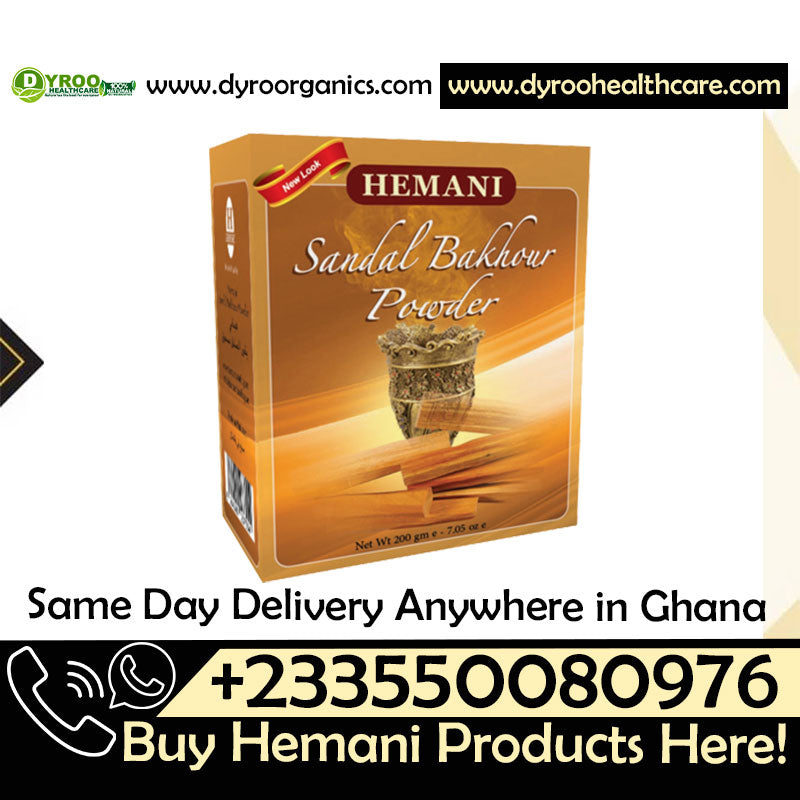 Organic Hemani Sandalwood Powder by Dyroo Naturals in a 200g package, showing fine beige powder in a clear container.
