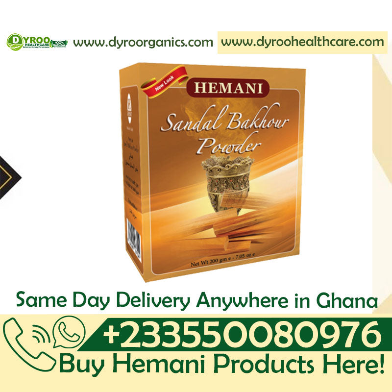 Organic Hemani Sandalwood Powder in a 200g package from Dyroo Naturals, showing the powder's fine texture in a clear container.