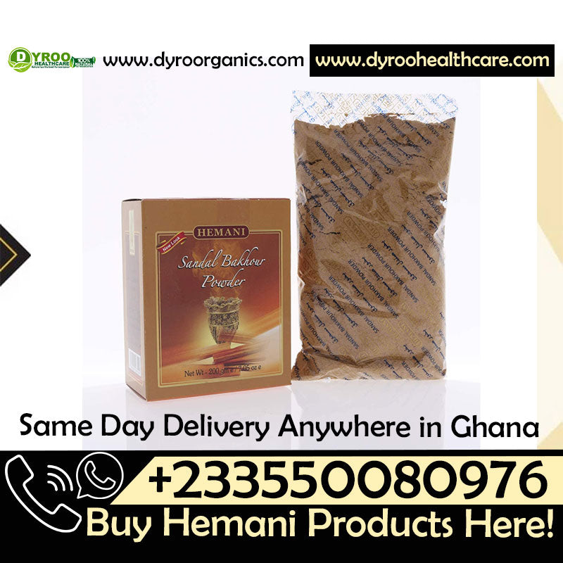 Organic Hemani Sandalwood Powder by Dyroo Naturals in a 200g package, showing fine light brown powder in a clear container.