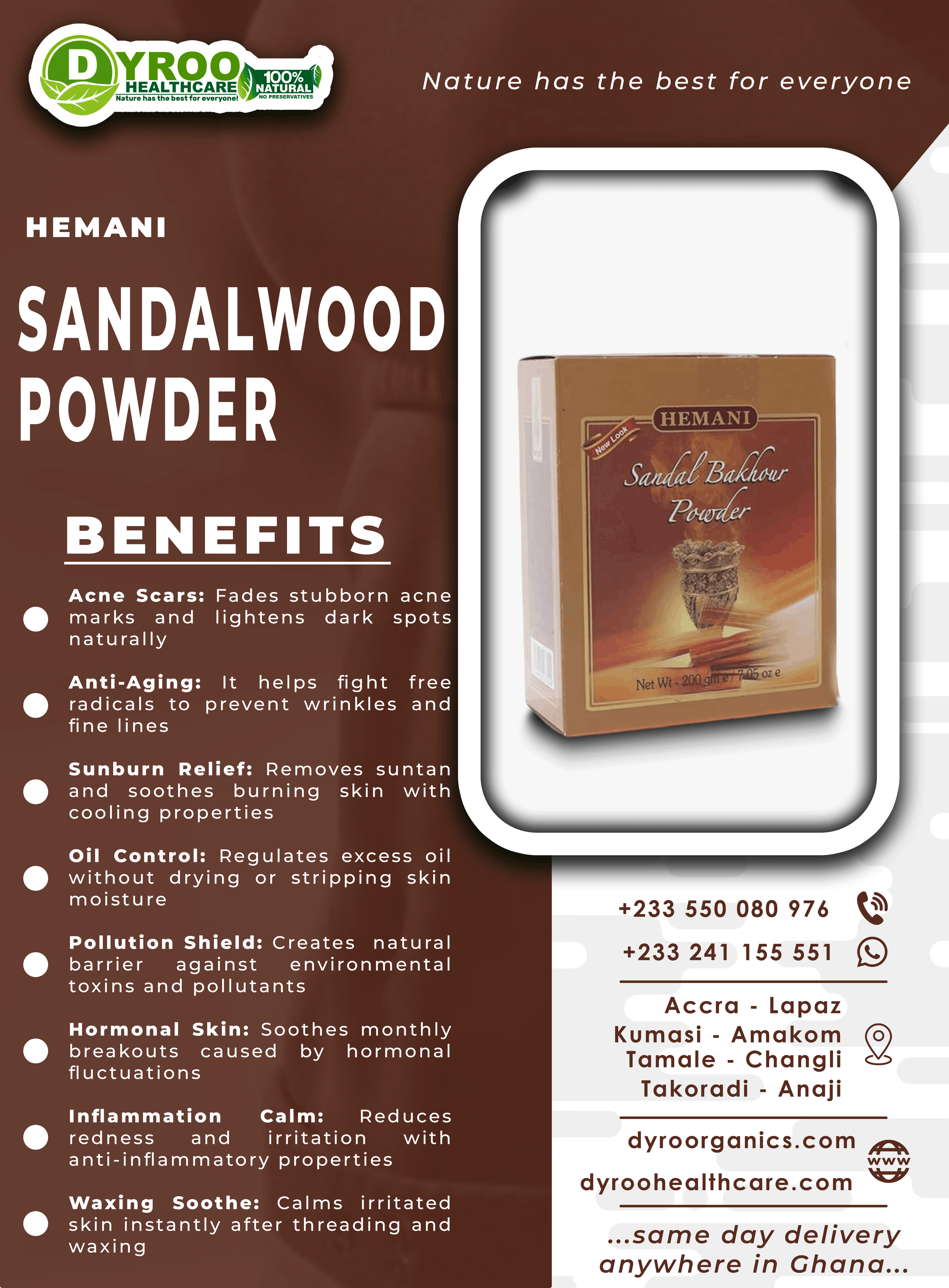 Organic Hemani sandalwood powder in a 200g package by Dyroo Naturals, showing a clear view of the fine, light-colored powder.