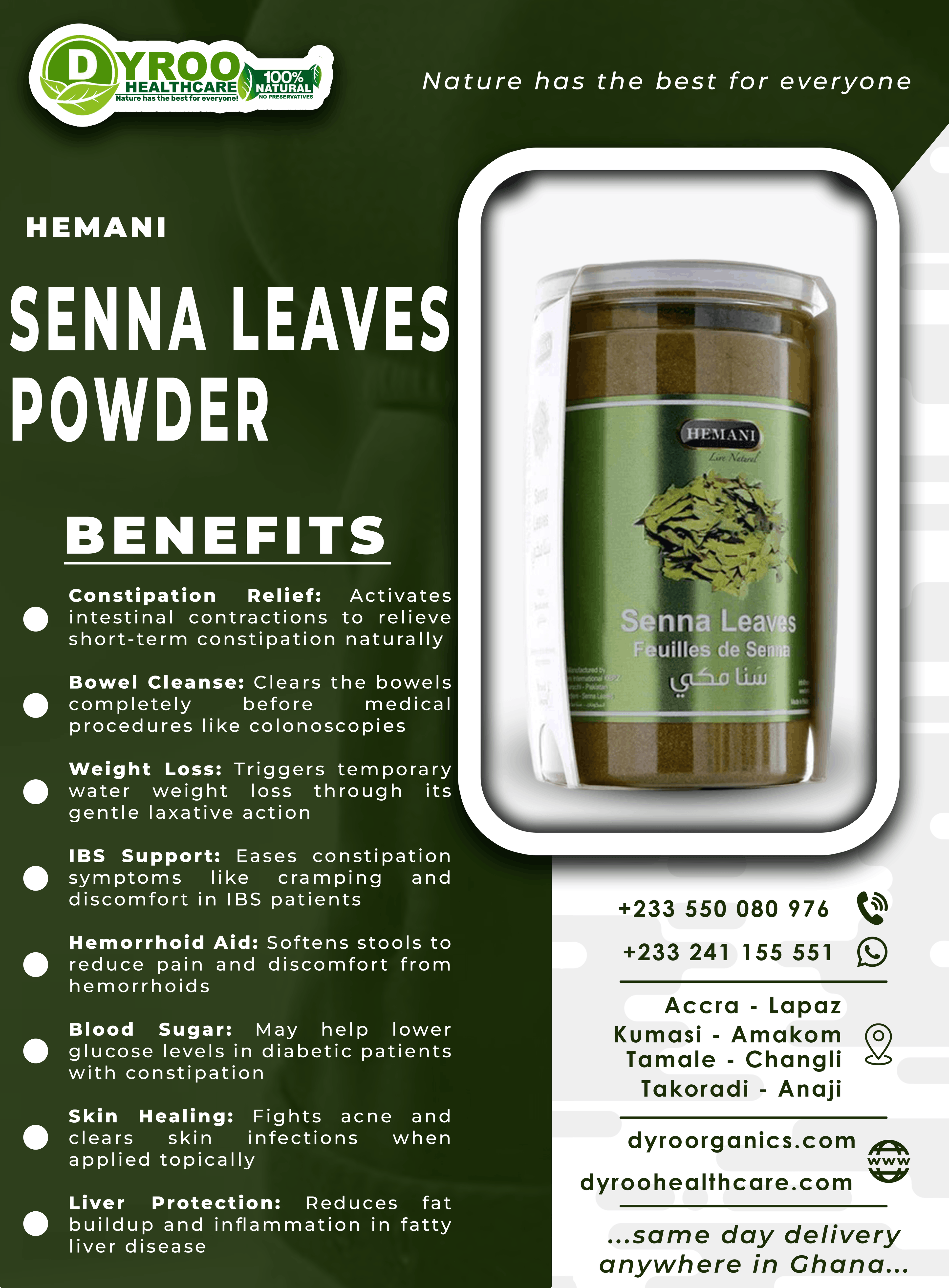 Organic Hemani Senna Leaves Powder by Dyroo Naturals in a 200g package, showing fine, greenish herbal powder in a clear container.