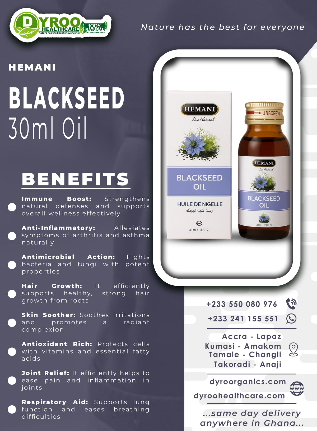 Bottle of Hemani Blackseed Oil by Dyroo Naturals in a 30ml glass bottle with a black cap, labeled as natural black seed oil.