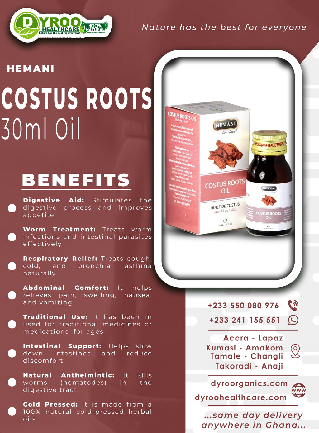 Hemani Costus Roots Oil 30ml by Dyroo Naturals, natural oil in a clear bottle with a dropper cap, showcasing the product.