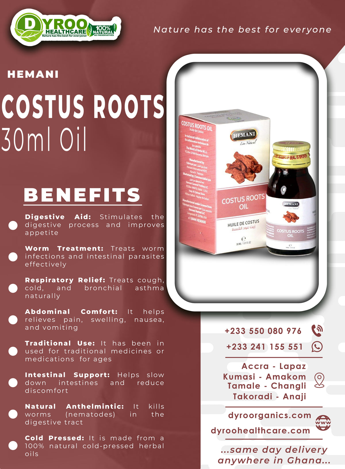 Hemani Costus Roots Oil 30ml by Dyroo Naturals, natural oil in a clear bottle with a dropper cap, showcasing the product.