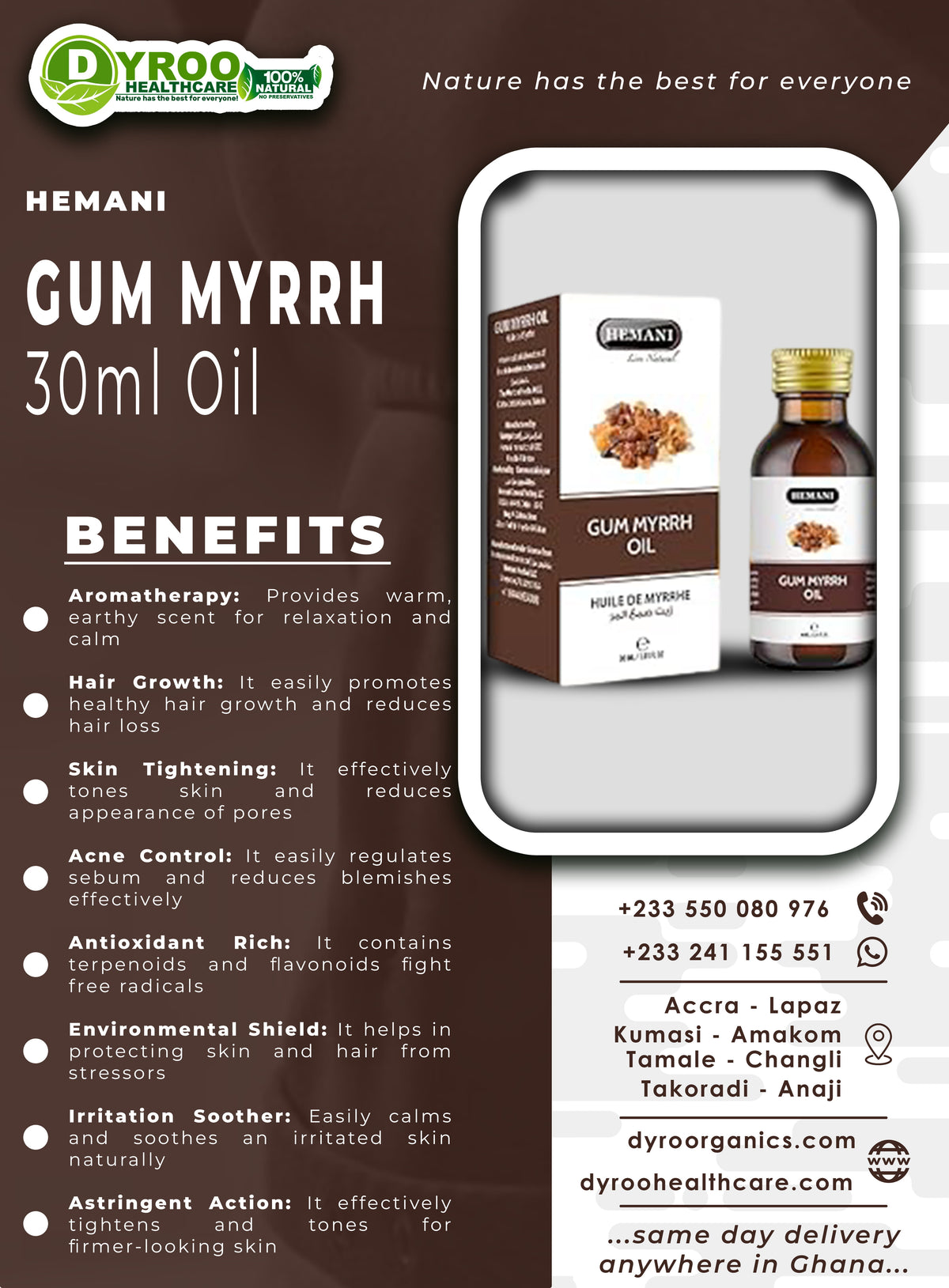Hemani Gum Myrrh Oil 30ml by Dyroo Naturals, natural oil in a clear glass bottle with a dropper, showcasing its golden color.