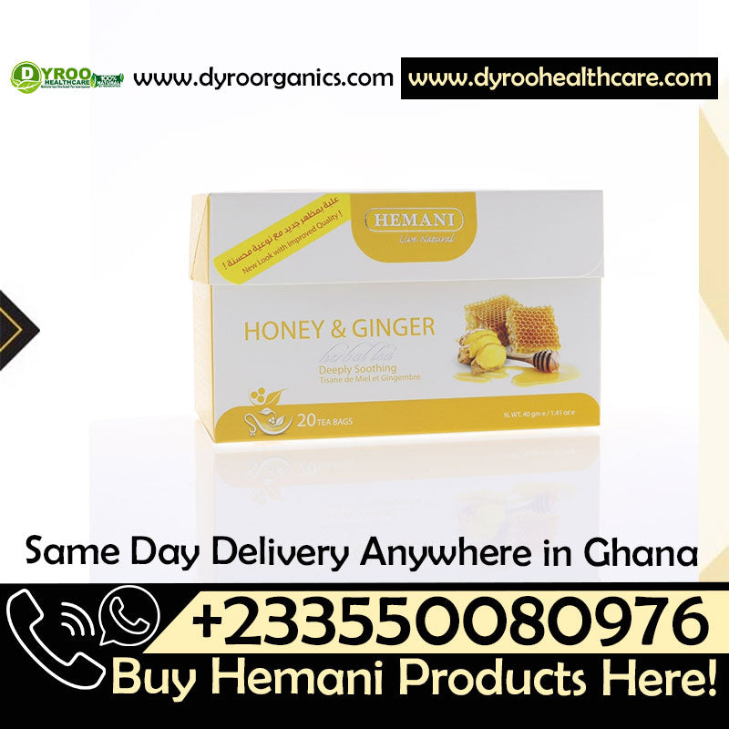 A box of Hemani Honey & Ginger Tea on a white background with promotional text for Dyro Organics and Dyro Health Care, plus a phone number and delivery offer.
