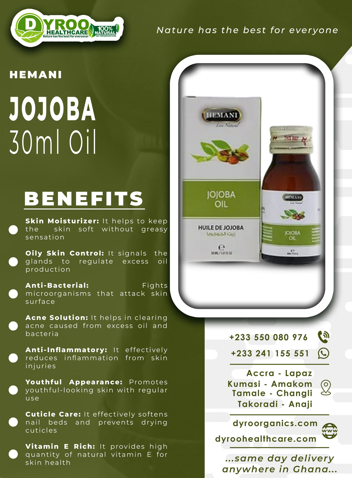 Hemani Jojoba Oil 30ml bottle from Dyroo Naturals, showing clear glass container with golden jojoba oil inside.