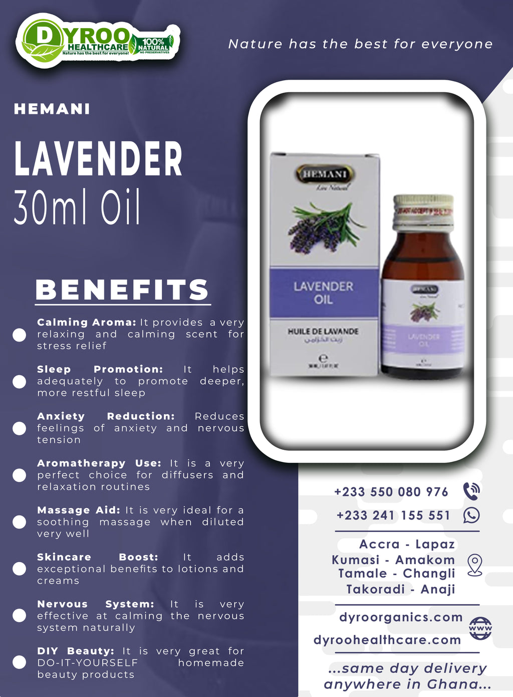 Dyroo Naturals Hemani Lavender Oil 30ml bottle, natural oil with lavender flowers, in a clear glass bottle with a white cap.