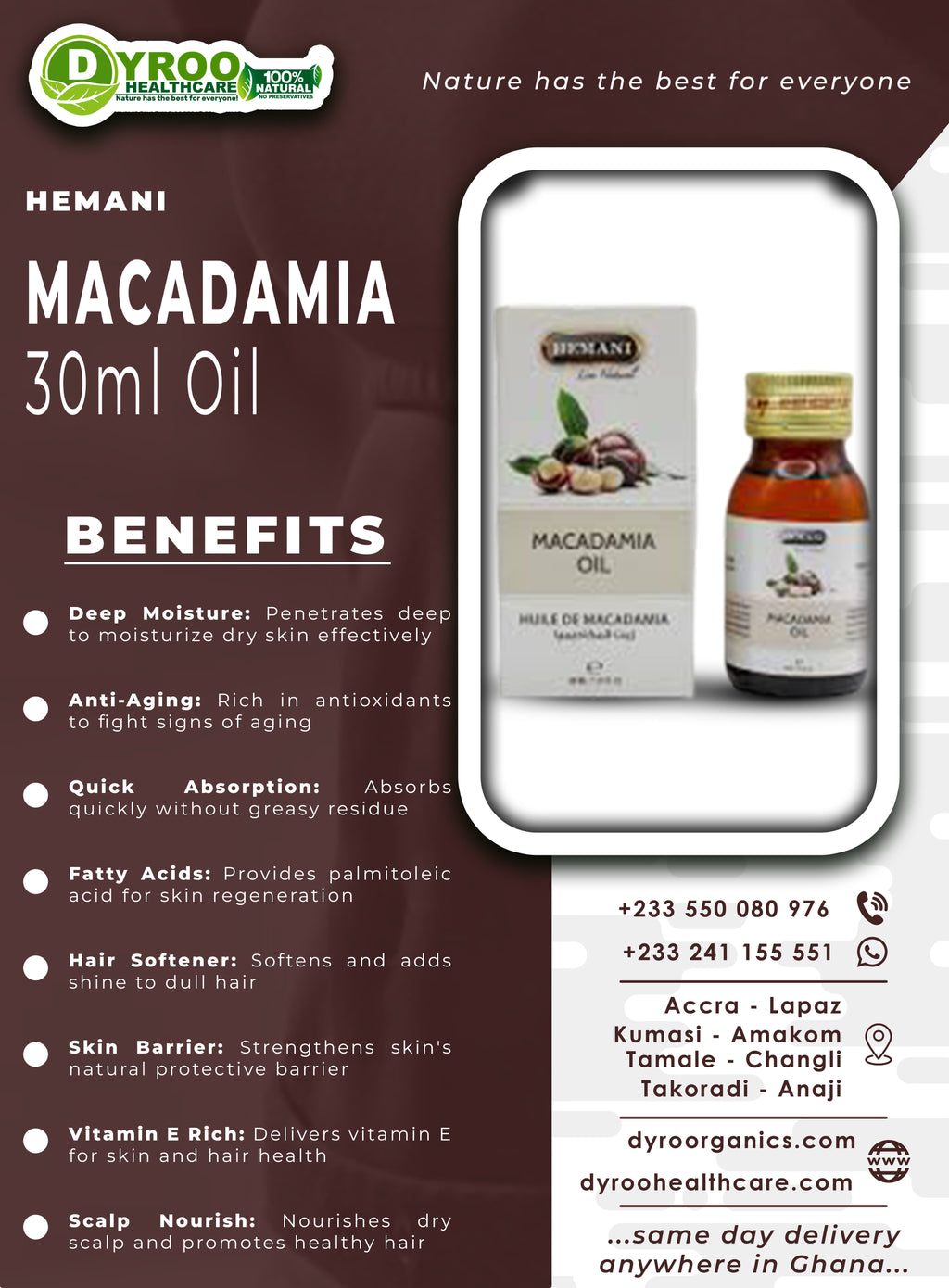 Hemani Macadamia Oil 30ml bottle from Dyroo Naturals, showcasing clear glass container with golden macadamia oil inside.