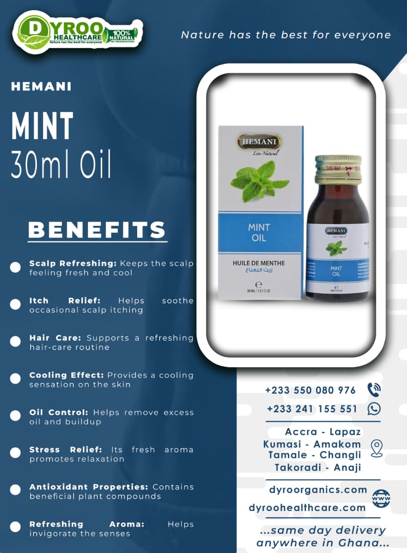 Bottle of Hemani Mint Oil 30ml from Dyroo Naturals, natural oil with fresh mint leaves on the label.