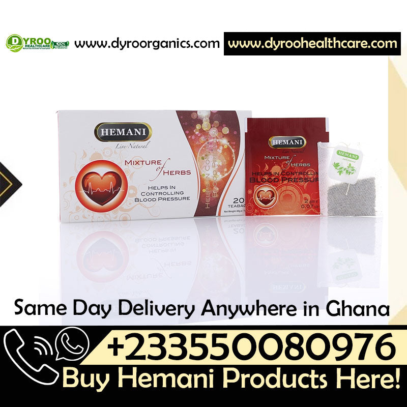 Dyroo Naturals Hemani herbal blood pressure tea in 20 tea bags, featuring a blend of herbs for healthy blood pressure support.