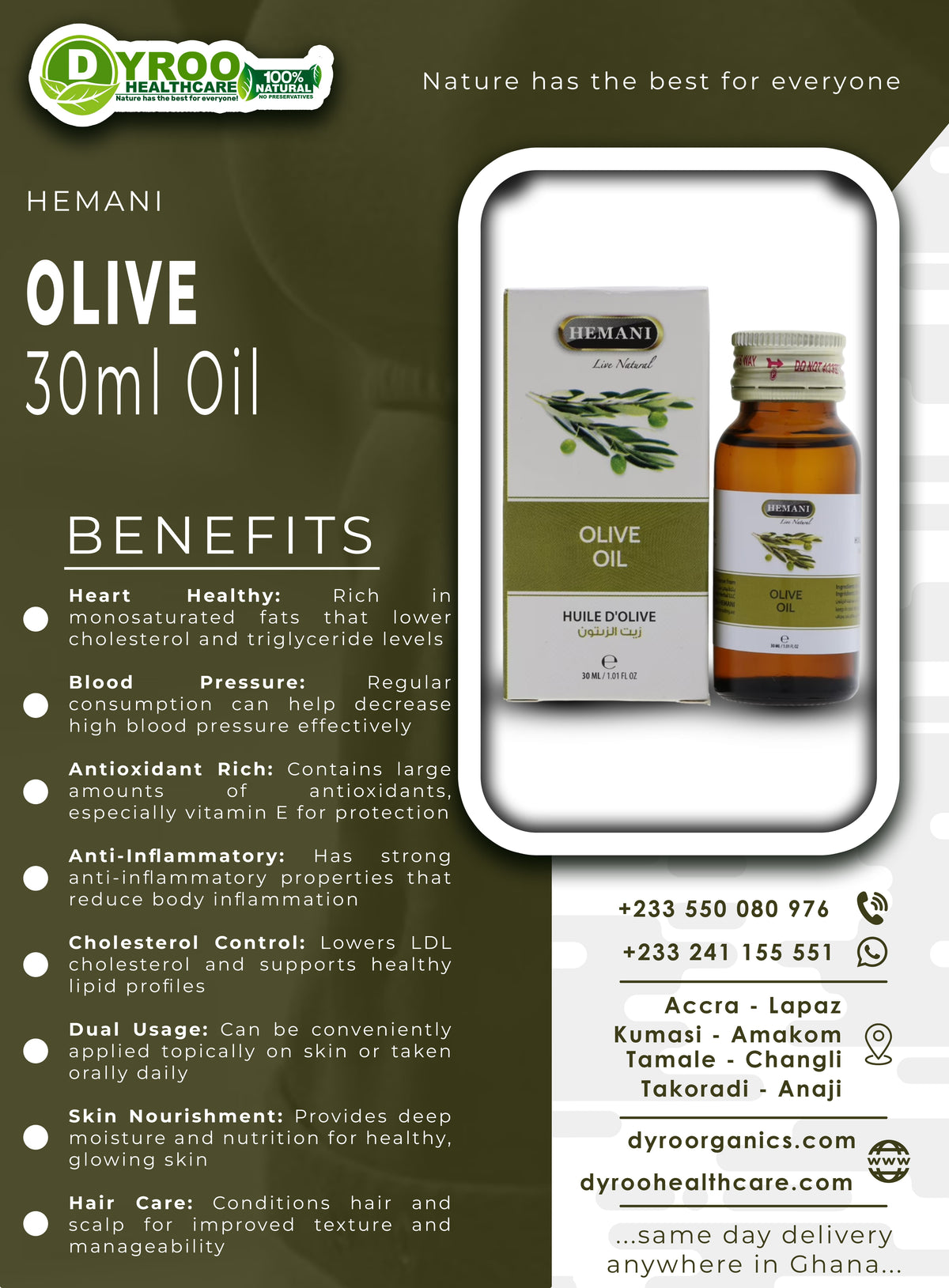 Dyroo Naturals Hemani Olive Oil 30ml bottle, natural oil with a clear label and cap, displayed on a plain background