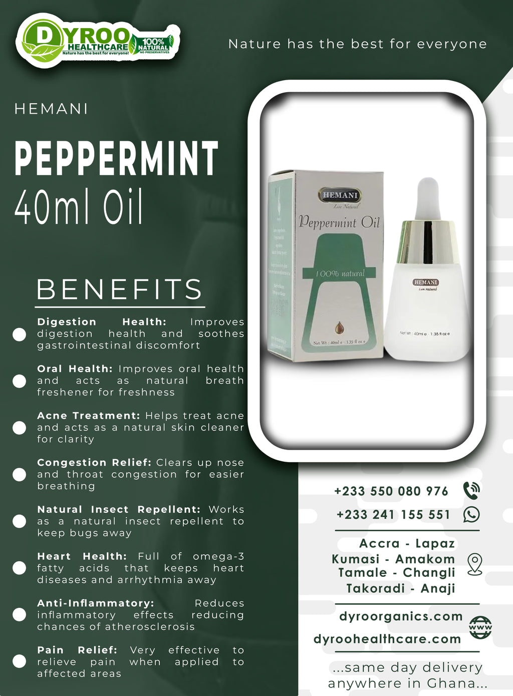 Hemani Peppermint Oil 40ml bottle from Dyroo Naturals, showing clear glass bottle with label and peppermint leaves in the background.