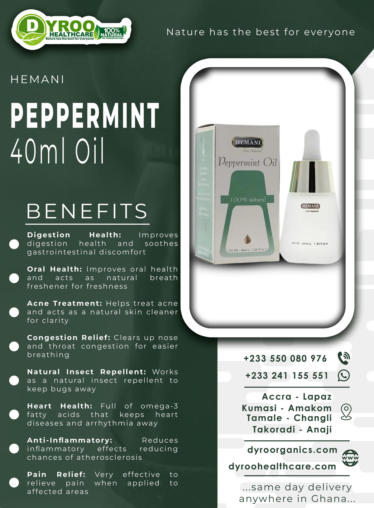 Hemani Peppermint Oil 40ml bottle from Dyroo Naturals, showing clear glass bottle with label and peppermint leaves in the background.