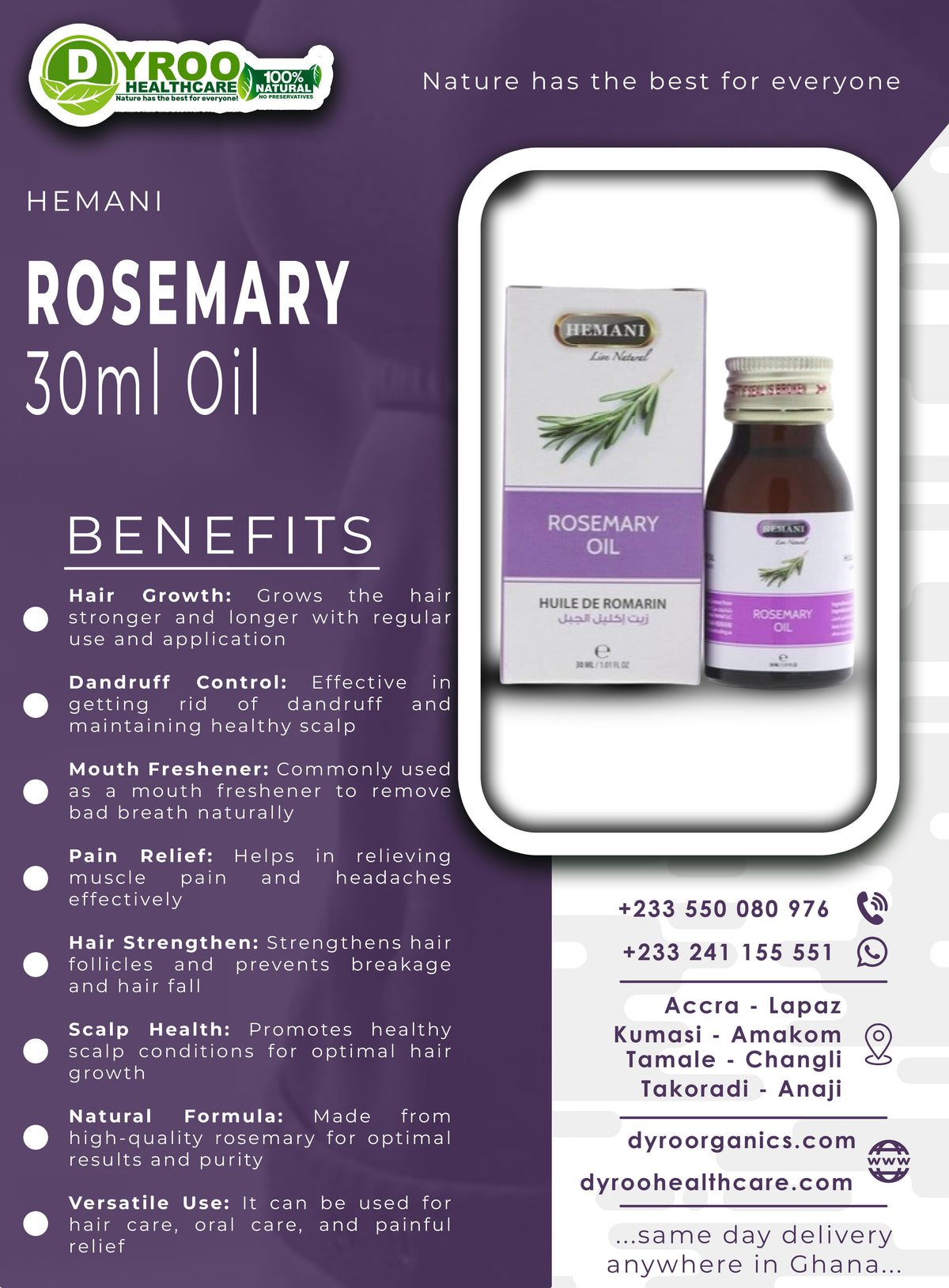 Hemani Rosemary Oil 30ml by Dyroo Naturals, clear glass bottle with label, showcasing natural herbal essential oil for hair and skin care.
