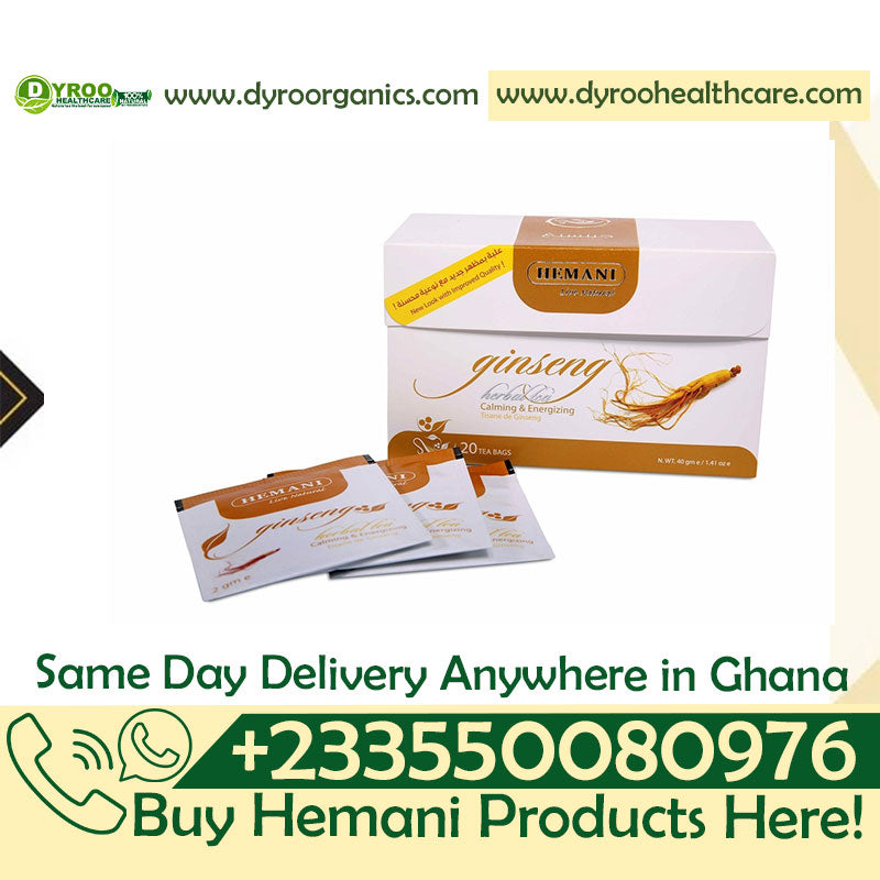 Dyroo Naturals Hemani Ginseng Herbal Tea box with 20 tea bags, featuring natural ginseng herbal tea packaging.