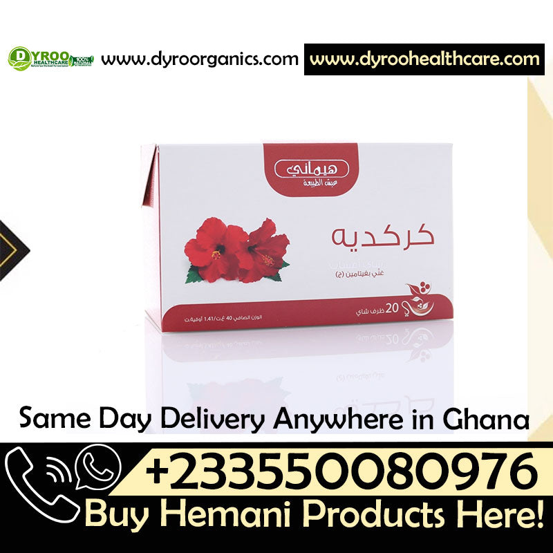 Dyroo Naturals Hemani Hibiscus Herbal Tea box with 20 teabags, showcasing vibrant hibiscus flowers and natural tea packaging.