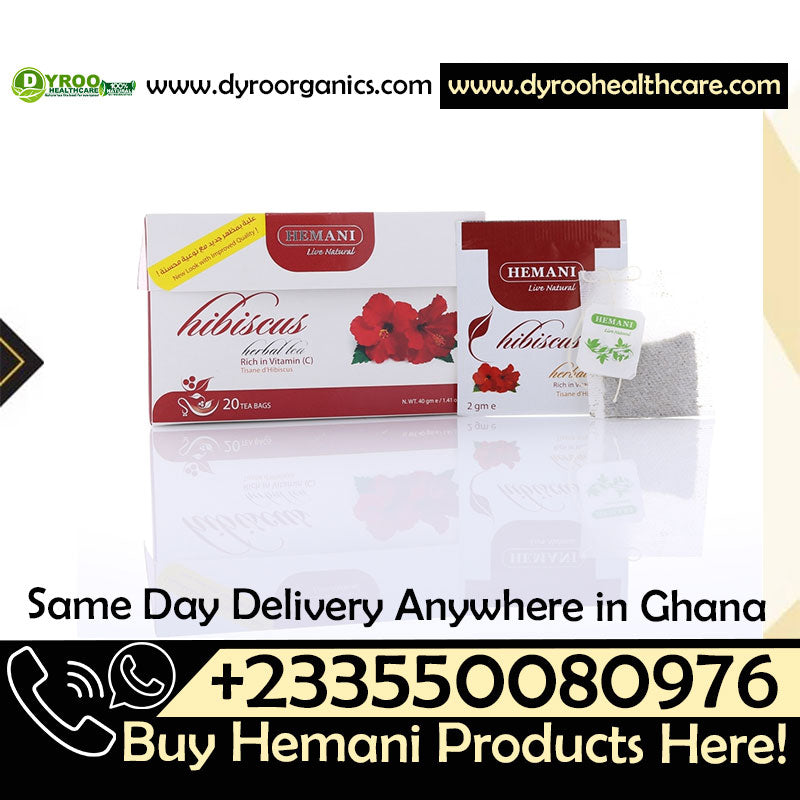 Dyroo Naturals Hemani Hibiscus Herbal Tea box with 20 tea bags, showcasing vibrant hibiscus flowers and natural herbal tea packaging.