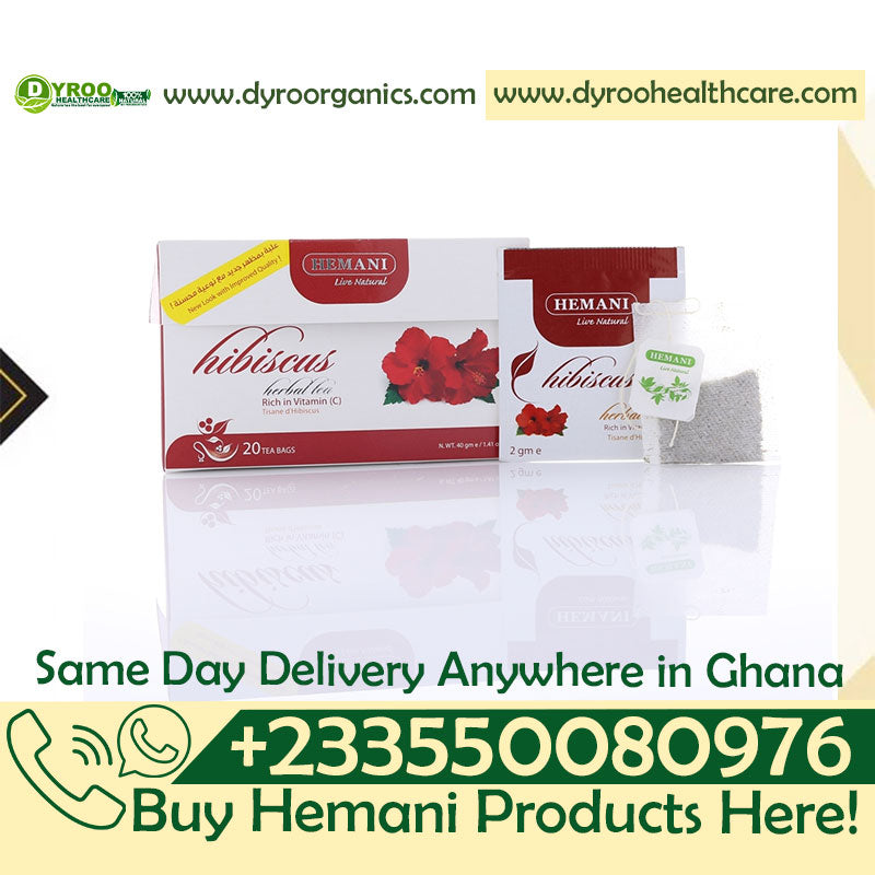 Dyroo Naturals Hemani Hibiscus Herbal Tea in 20 teabags, showing vibrant dried hibiscus flowers and packaging for natural herbal tea.
