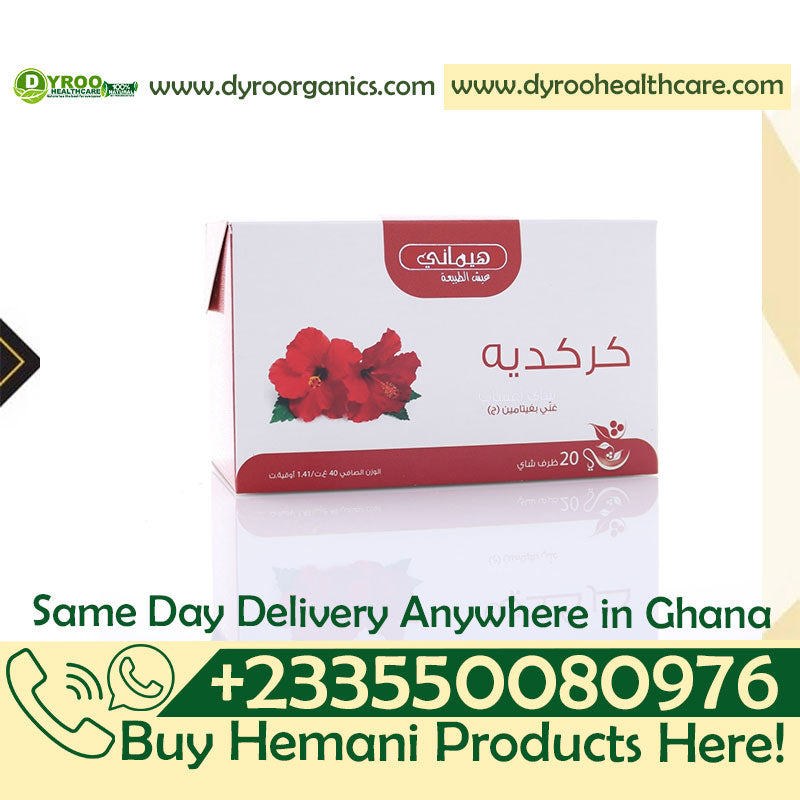 Dyroo Naturals Hemani Hibiscus Herbal Tea in 20 tea bags, vibrant hibiscus flowers and tea bag packaging visible.