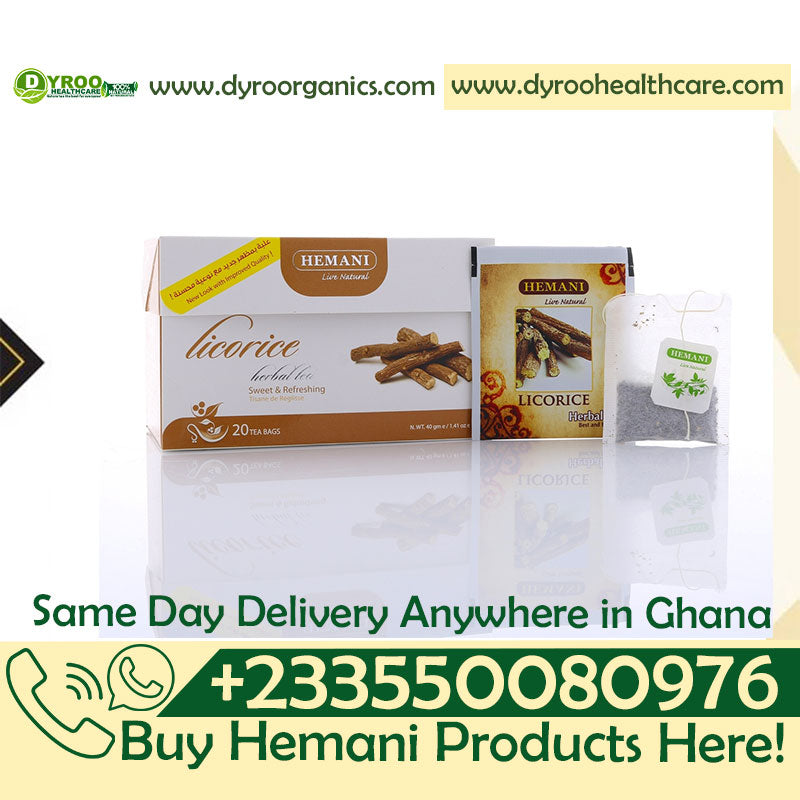 Dyroo Naturals Hemani Licorice Herbal Tea box with 20 teabags, showcasing dried licorice root and herbal blend for natural flavor.