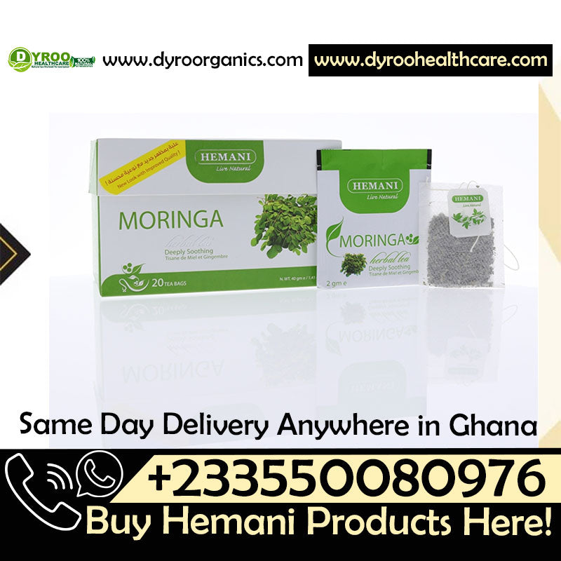 Dyroo Naturals Hemani Moringa Herbal Tea box with 20 teabags, showcasing herbal tea packaging and moringa leaf illustrations.