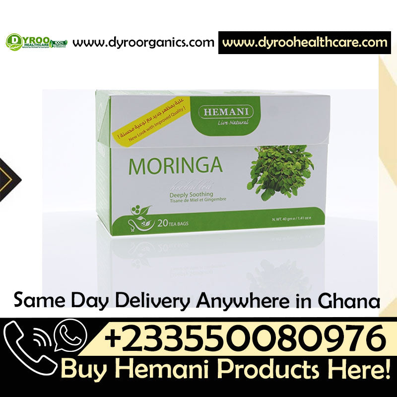 Dyroo Naturals Hemani Moringa Herbal Tea in 20 tea bags, featuring fresh green moringa leaves and natural herbal tea ingredients.