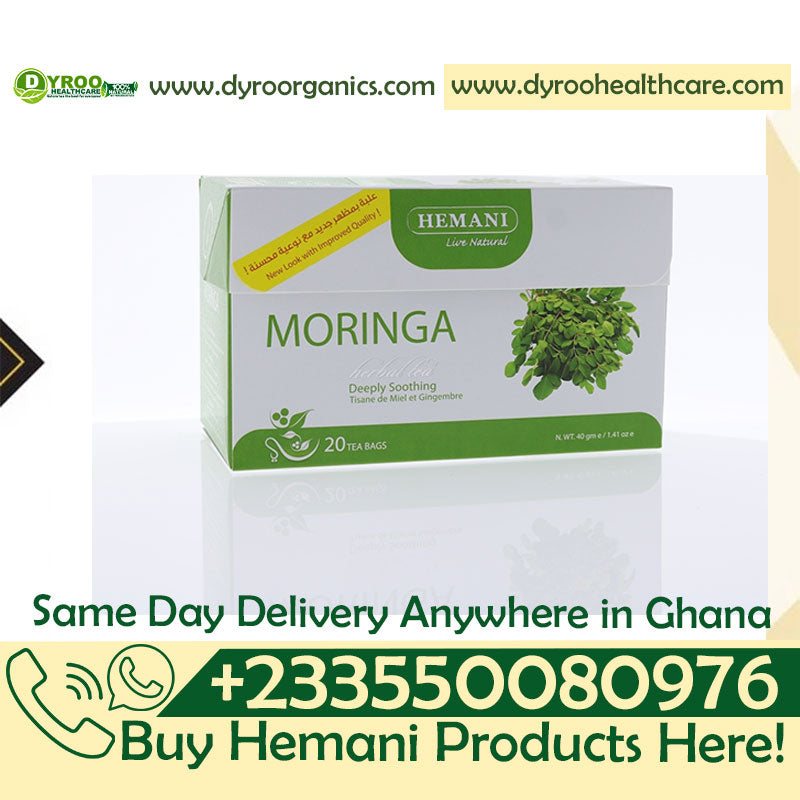 Dyroo Naturals Hemani Moringa Herbal Tea bag, 20-count, natural tea with dried moringa leaves in a clear tea bag.