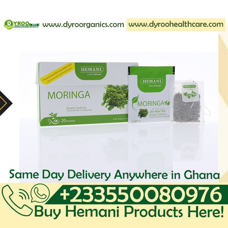 Dyroo Naturals Hemani Moringa Herbal Tea 20-teabag package with dried moringa leaves, natural herbal tea for wellness.