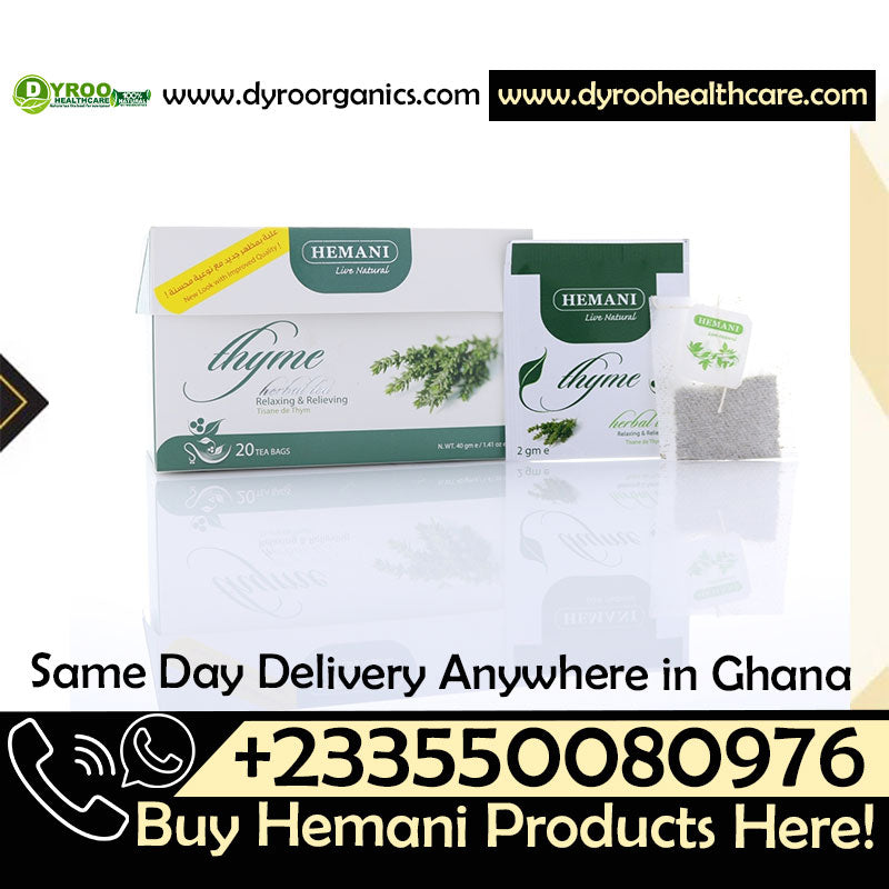 Dyroo Naturals Hemani Thyme Herbal Tea bag package, natural thyme tea with 20 teabags for herbal infusion and wellness.