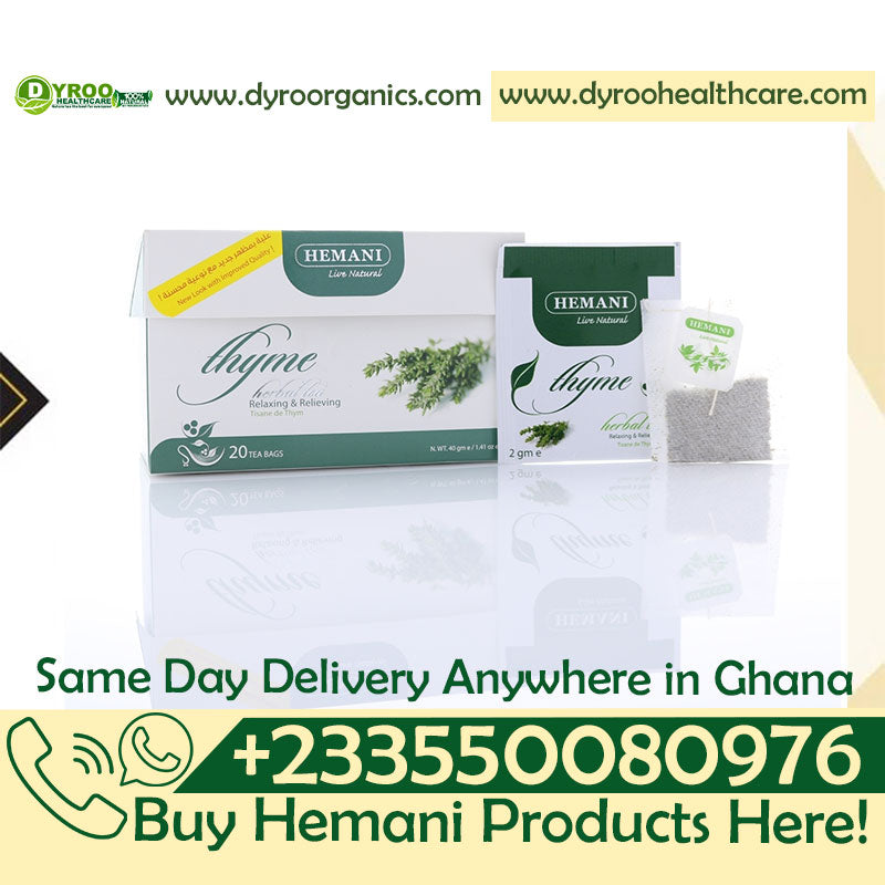 Dyroo Naturals Hemani Thyme Herbal Tea box with 20 tea bags, showing herbal tea packaging and fresh thyme leaves.