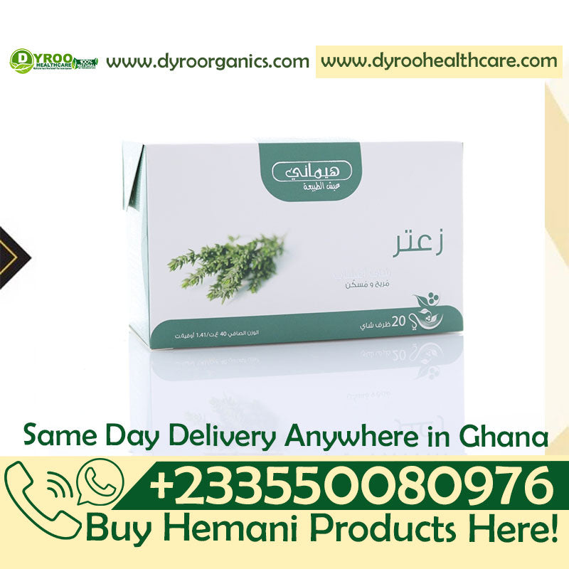 Dyroo Naturals Hemani Thyme Herbal Tea in a box with 20 teabags, showcasing dried thyme herbs for natural tea brewing.