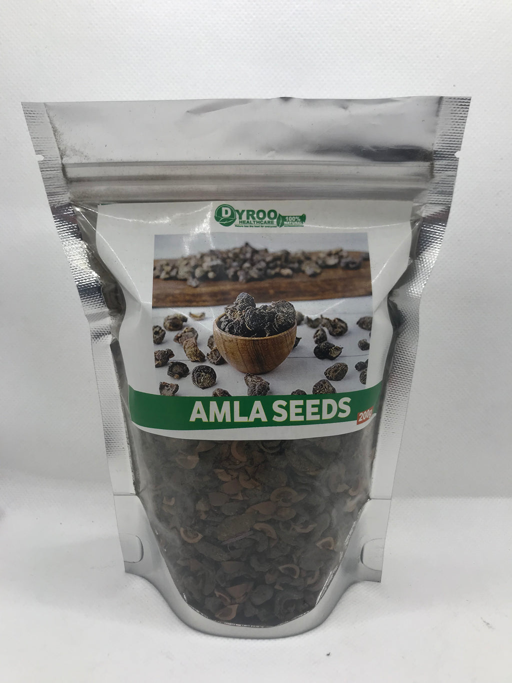 Raw organic Amla seeds from Dyroo Naturals in a 200-gram package, showing small, brown, textured seeds on a white background.