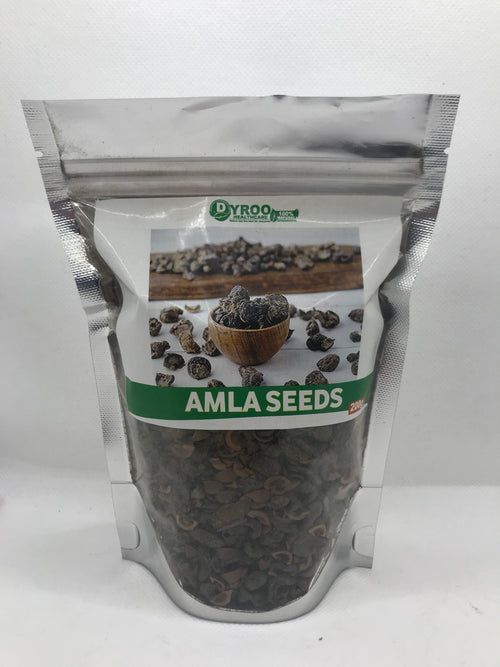Raw organic Amla seeds from Dyroo Naturals in a 200-gram package, showing small, brown, textured seeds on a white background.