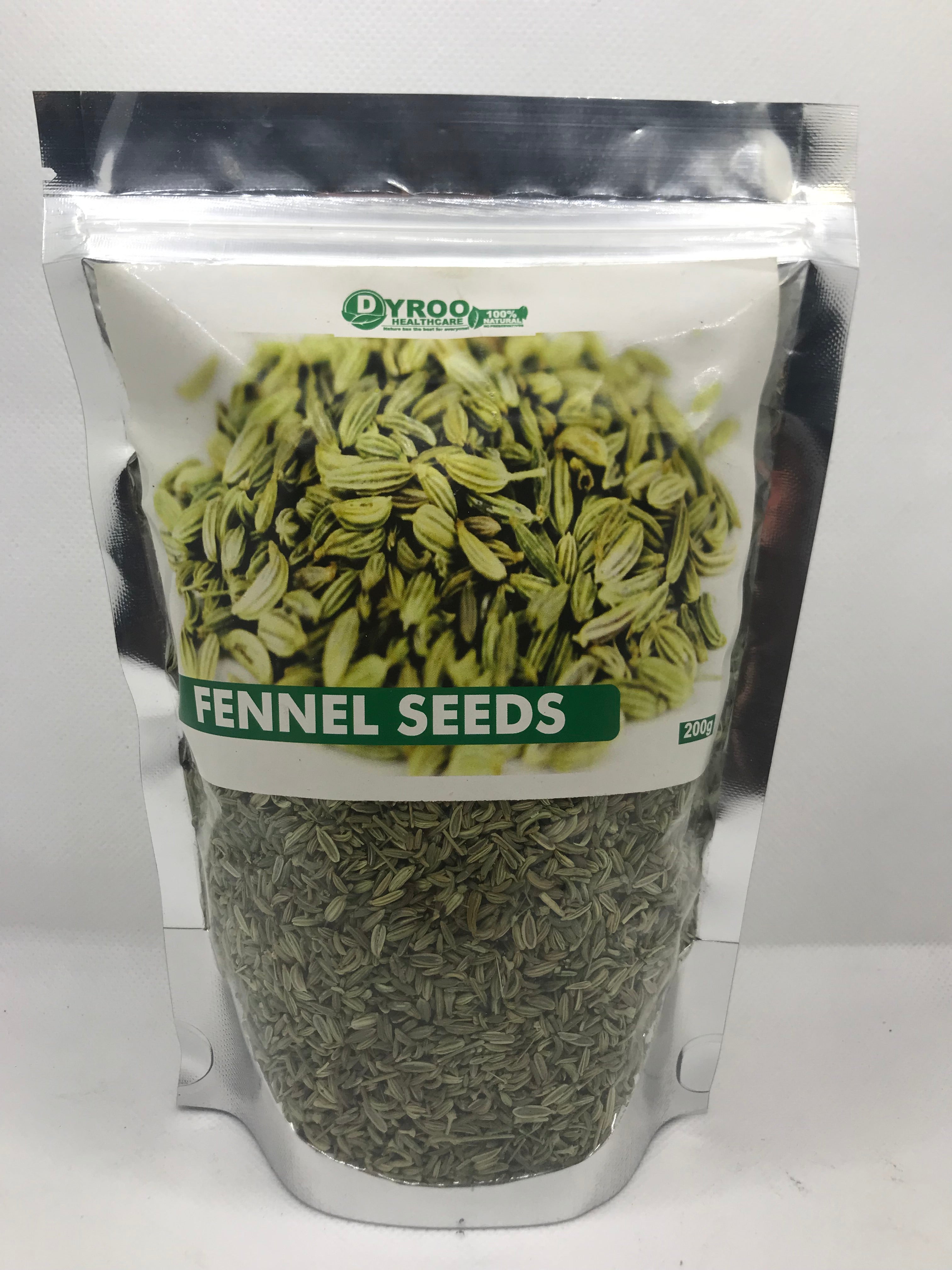 Raw organic fennel seeds from Dyroo Naturals in a 200-gram package, showing small greenish-brown seeds on a white background.
