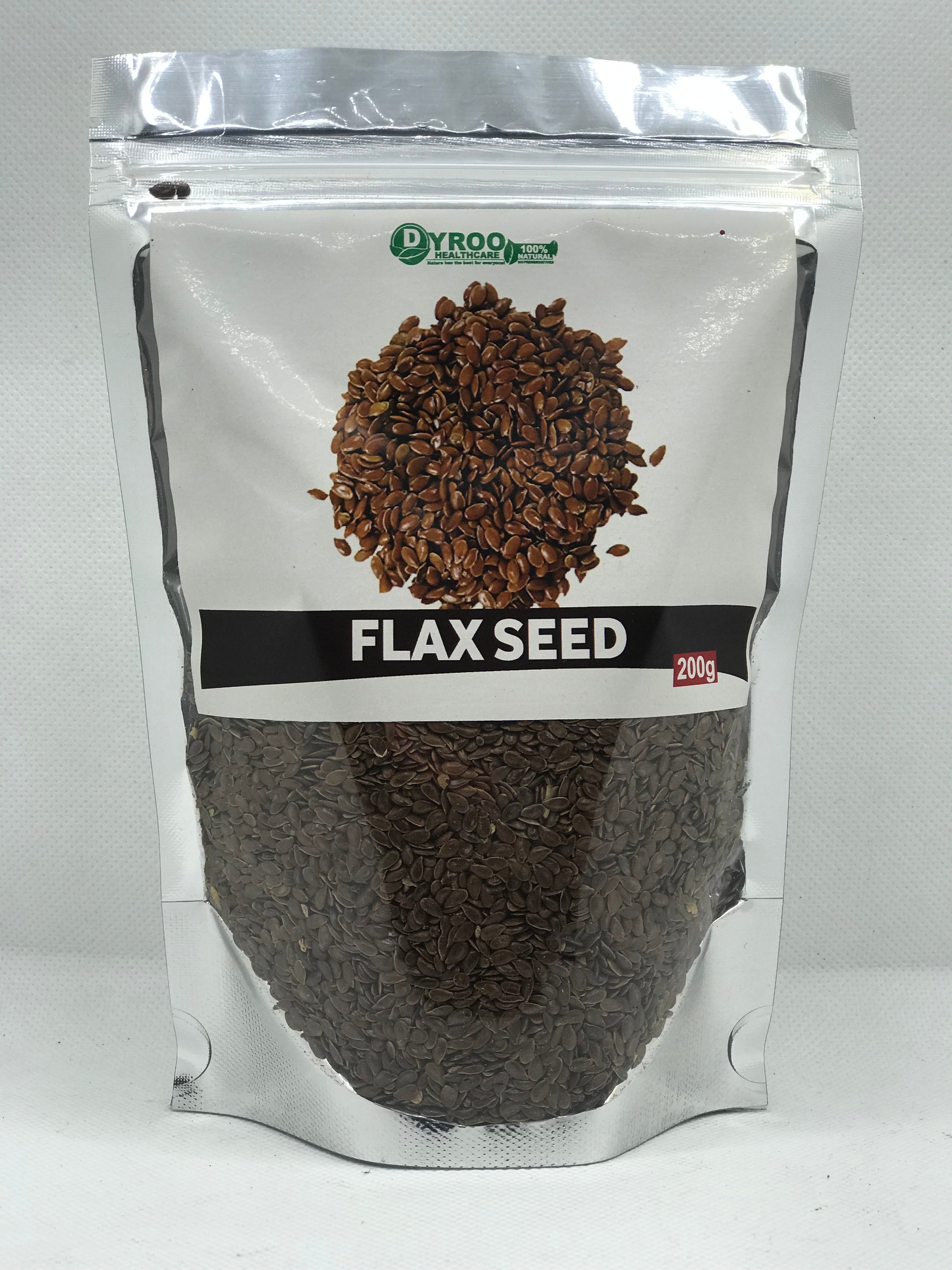 Raw organic flax seeds in a 200g package from Dyroo Naturals, shown in a close-up image highlighting the seed texture.