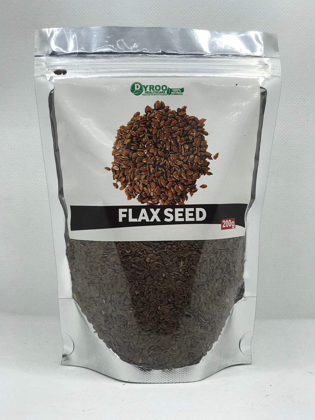 Raw organic flax seeds in a 200-gram package from Dyroo Naturals, showing the golden seeds in a clear container.