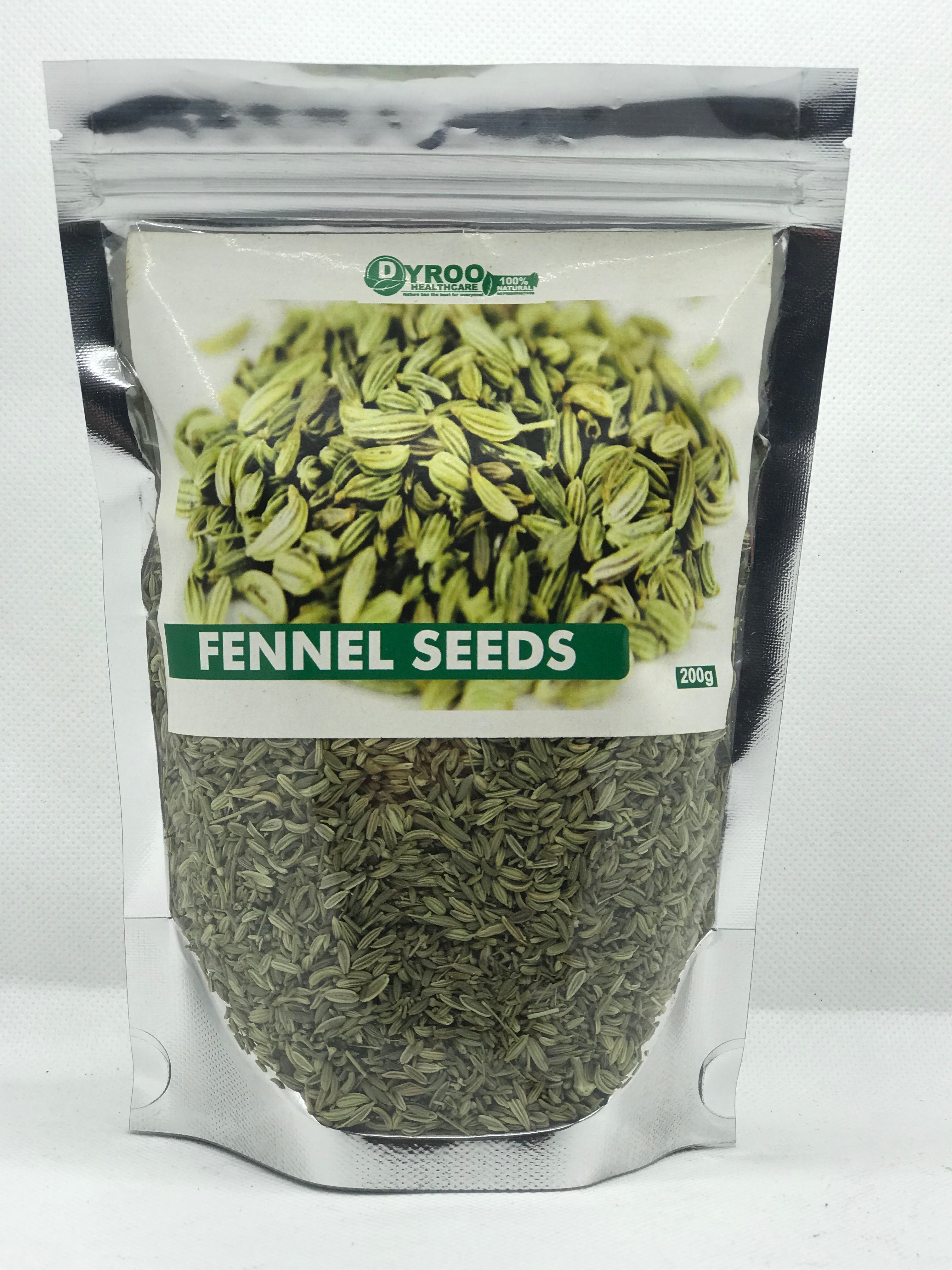 Organic fennel seeds in a clear glass jar, showing fresh, raw fennel seeds from Dyroo Naturals on a white background.