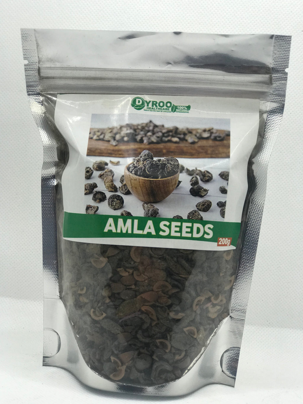 Raw organic Amla seeds from Dyroo Naturals in a 200-gram package, shown in a clear image with seeds spilling from a container.