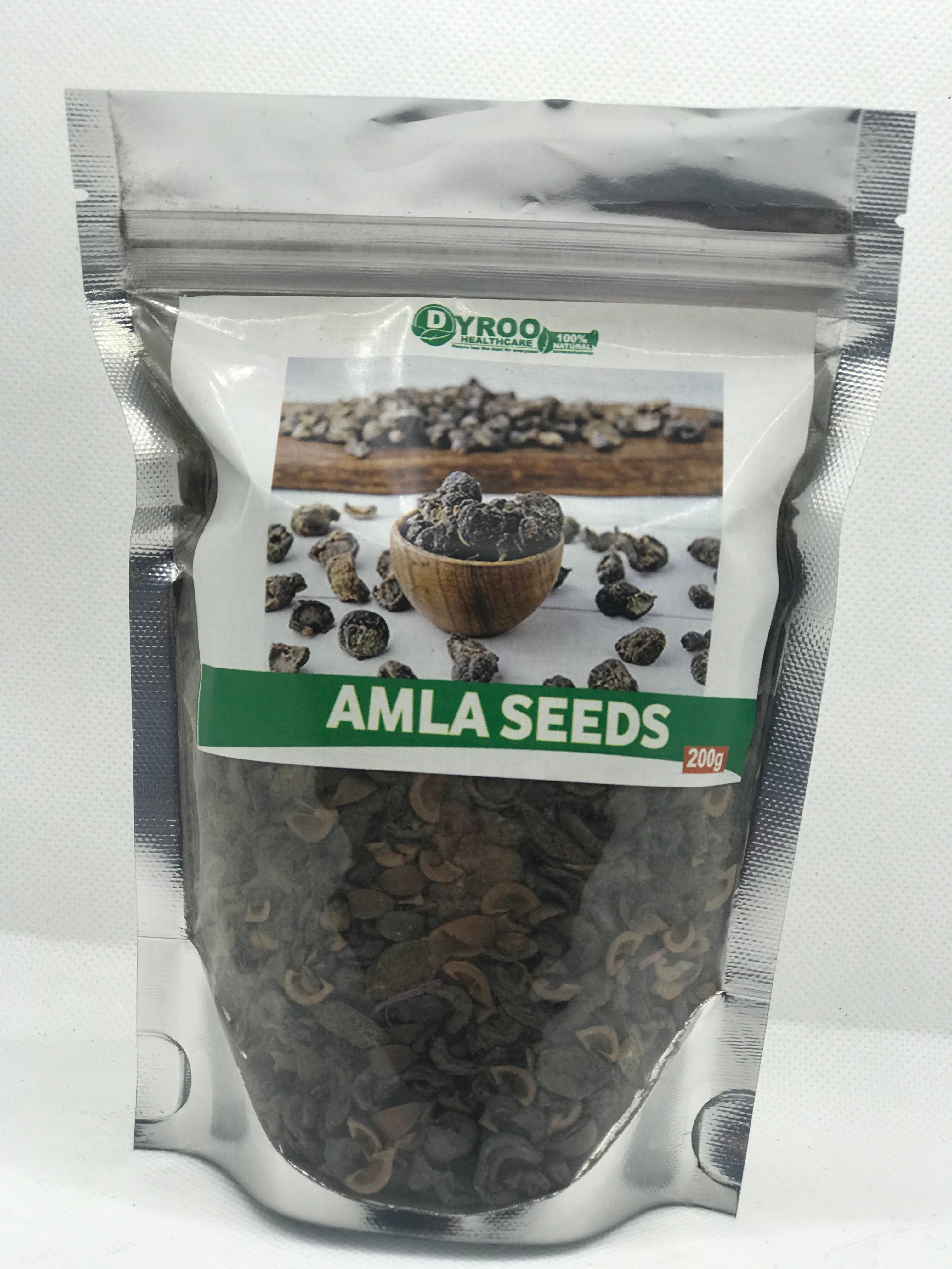 Raw organic Amla seeds from Dyroo Naturals in a 200-gram package, shown in a clear image with seeds spilling from a container.