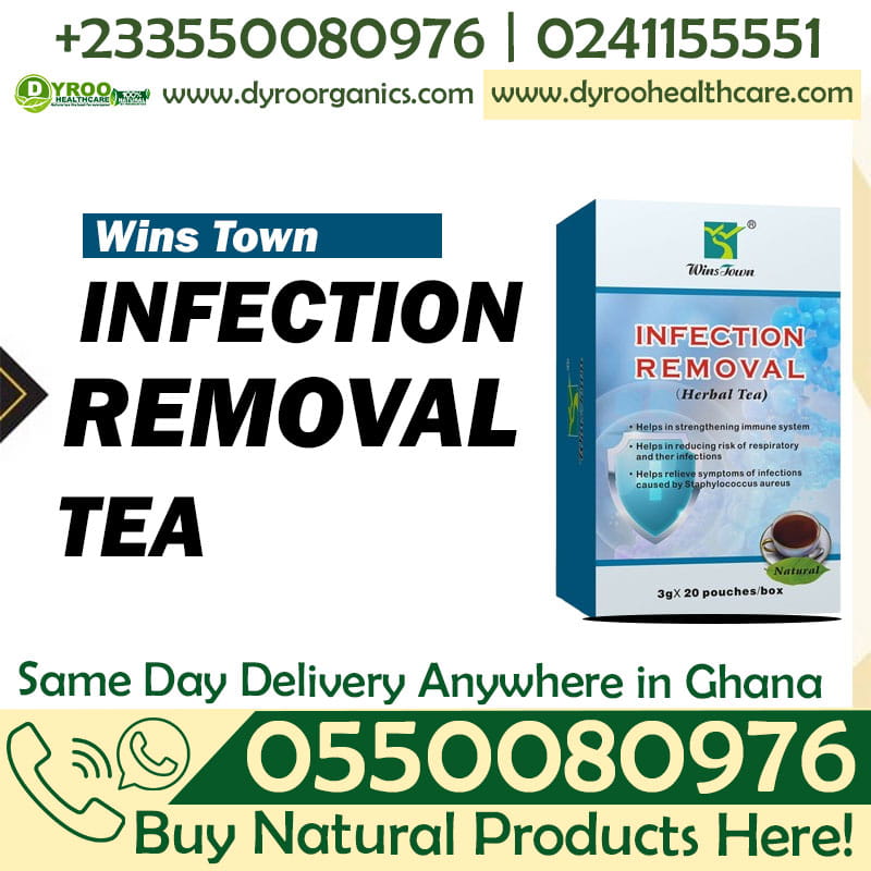 Dyroo Naturals Wins Town Infection Removal Tea in a herbal tea package with dried herbs and tea leaves.
