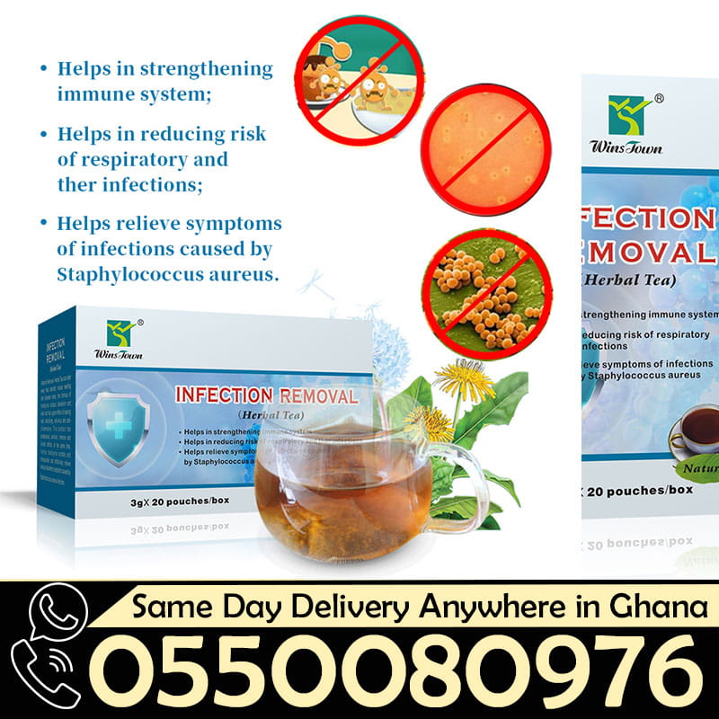 Dyroo Naturals Wins Town Infection Removal Tea in a glass cup with herbs and tea leaves, promoting natural healing.