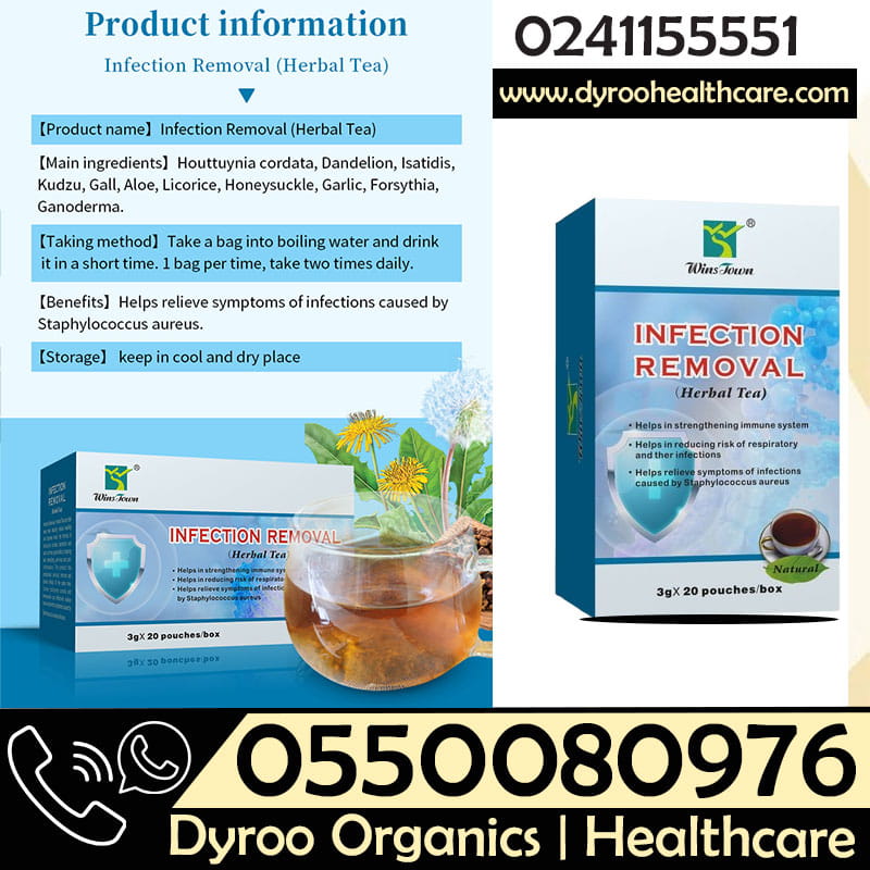 Dyroo Naturals Wins Town Infection Removal Tea in a tea bag, showing the product packaging and fresh herbs inside.