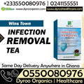 Dyroo Naturals Wins Town Infection Removal Tea in a clear glass cup with tea leaves and herbs, showcasing a natural herbal infusion.