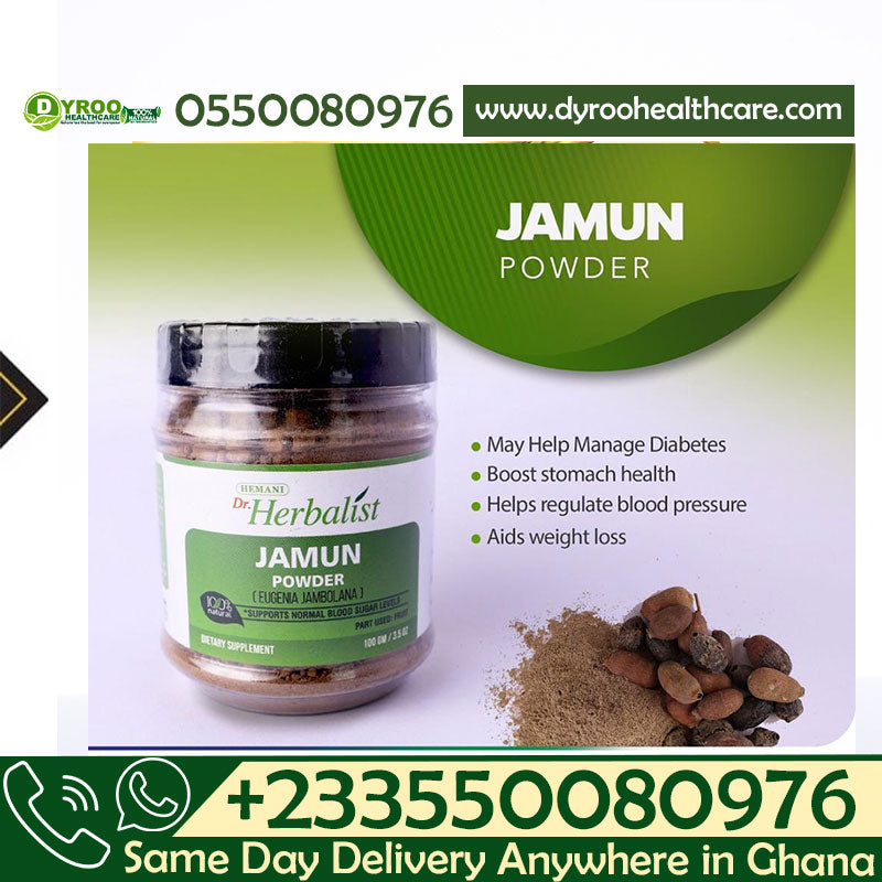 Organic Dr Herbalist Jamun Powder by Dyroo Naturals in a 100g package, showing fine purple Jamun powder in a clear container.