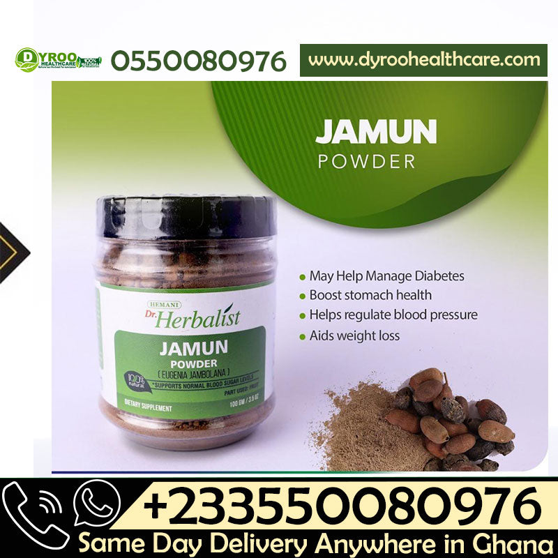 Organic Jamun Powder by Dyroo Naturals, 100g, showing fine purple powder in a clear container and a scoop.